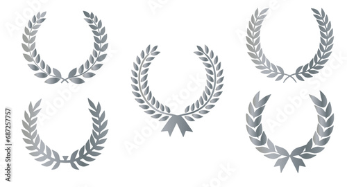 Set of laurel wreaths. Award in the form of laurel leaves in a silver silhouette, achievement, wreath, heraldry. silver shape award-winning laurel wreath on a transparent background