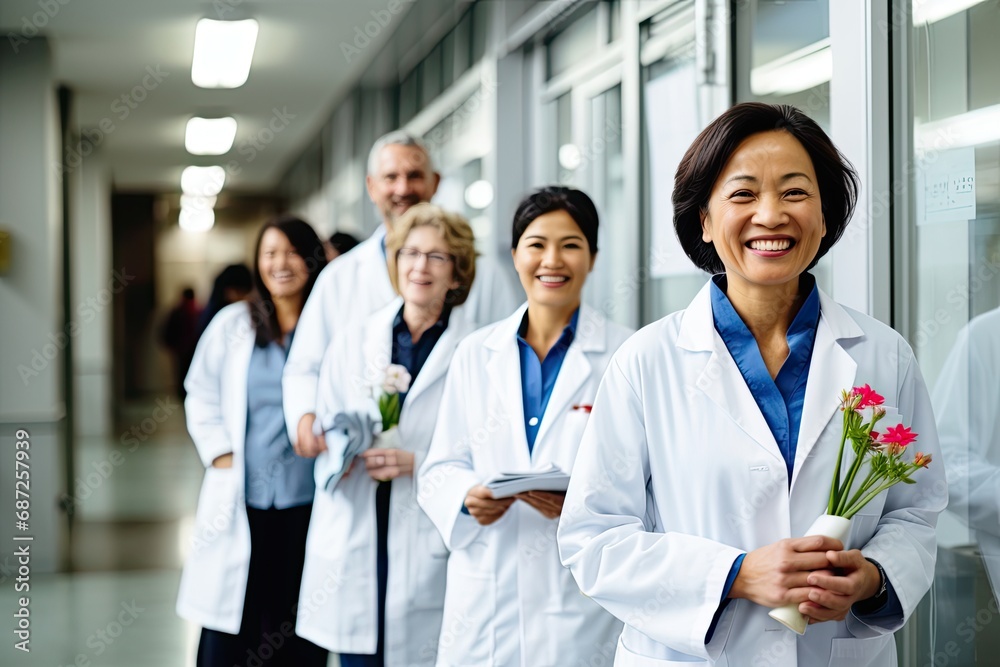 A successful and diverse medical team in a hospital, holding a bouquet of flowers, showcasing professionalism and teamwork. A successful and diverse medical team in a hospital, holding a bouquet of flowers, showcasing professionalism and teamwork.