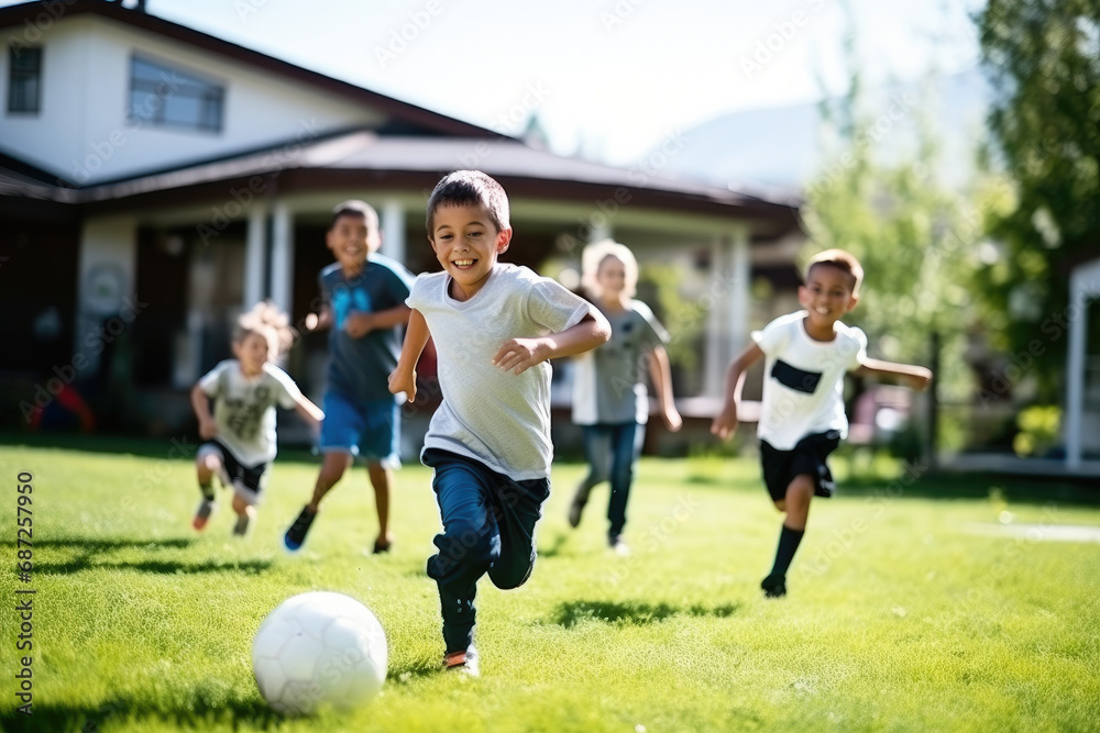 A group of active children, both boys and girls, running and playing with a ball in a sunny outdoor setting.