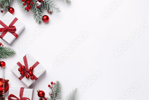 A festive arrangement of presents, fir, and red adornments on a bright background, with plenty of room for copy.