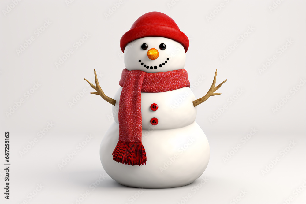 A snowman wearing a red scarf and Santa cap stands alone on a white, isolated setting. A snowman wearing a red scarf and Santa cap stands alone on a white, isolated setting.