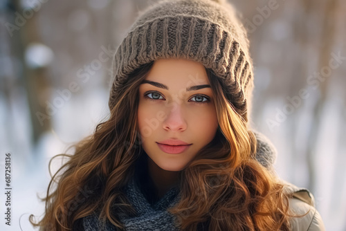 A serene woman with wavy hair and a knit hat looks thoughtfully into the distance, a snowy winter scene behind her.