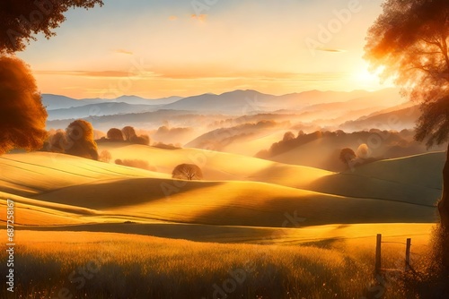 An enchanting Brianza landscape during the golden hour, the warm sunlight casting long shadows over the meadows and Lombardy hills photo