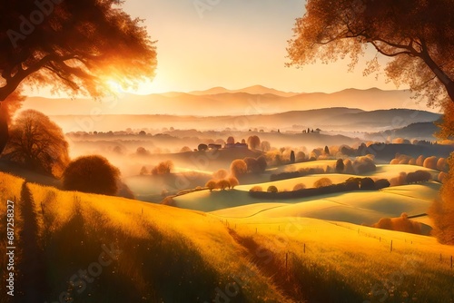 An enchanting Brianza landscape during the golden hour, the warm sunlight casting long shadows over the meadows and Lombardy hills