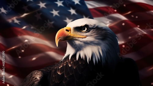 American Bald Eagle on the background of the USA flag. United States of America patriotic symbols.
