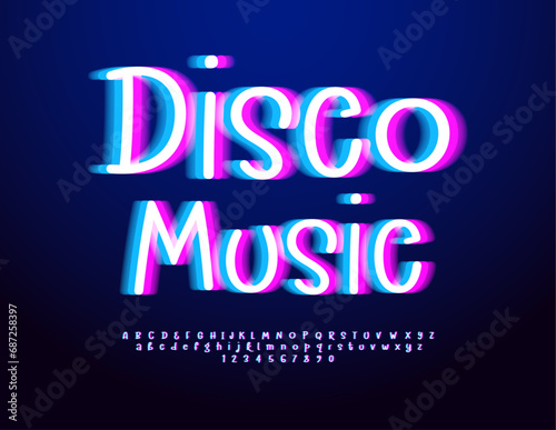 Vector creative flyer Disco Music. Handwritten glowing Font. Neon Alphabet Letters and Numbers set
