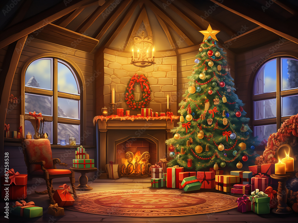 illustration of a Christmas tree at home with Christmas decoration and presents 