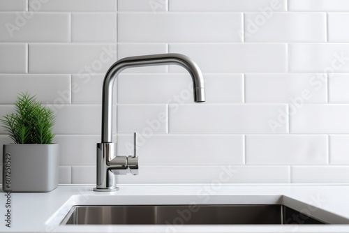 Faucet and sink in a white bathroom, closeup white tiles. Lack of water, shutdown. water supply. Stylish kitchen renovation. Order. Sink