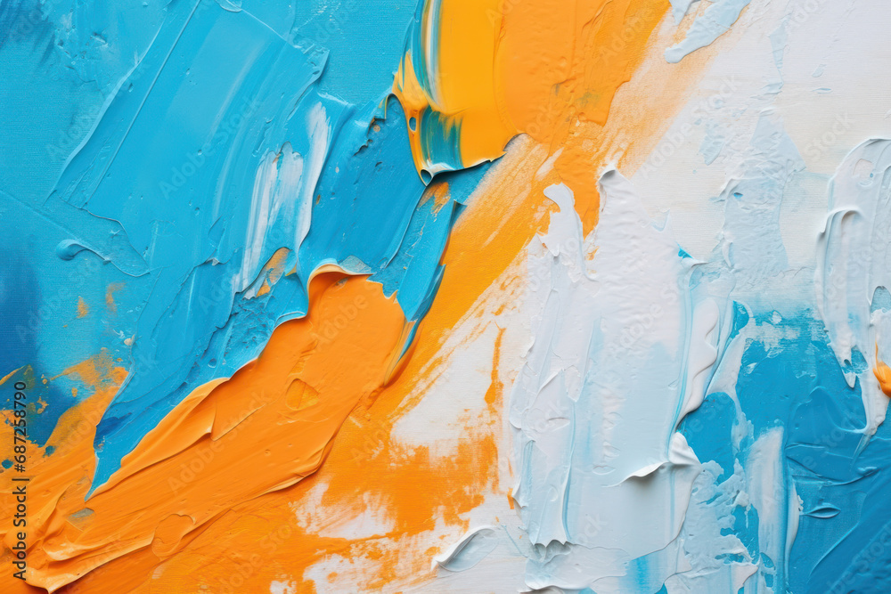 Vivid blue and orange acrylic paints are boldly smeared on canvas, creating a dynamic and textured abstract art piece.