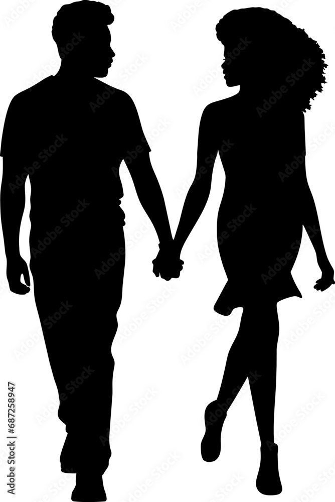 Silhouette man and woman walking hand in hand.