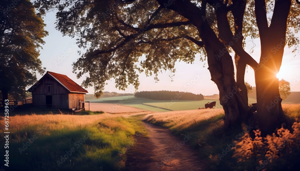 peaceful landscape with a rustic house - obrazy, fototapety, plakaty 