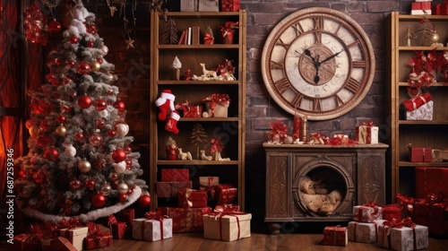 Beautiful photo zone with professional equipment and decorated Christmas tree