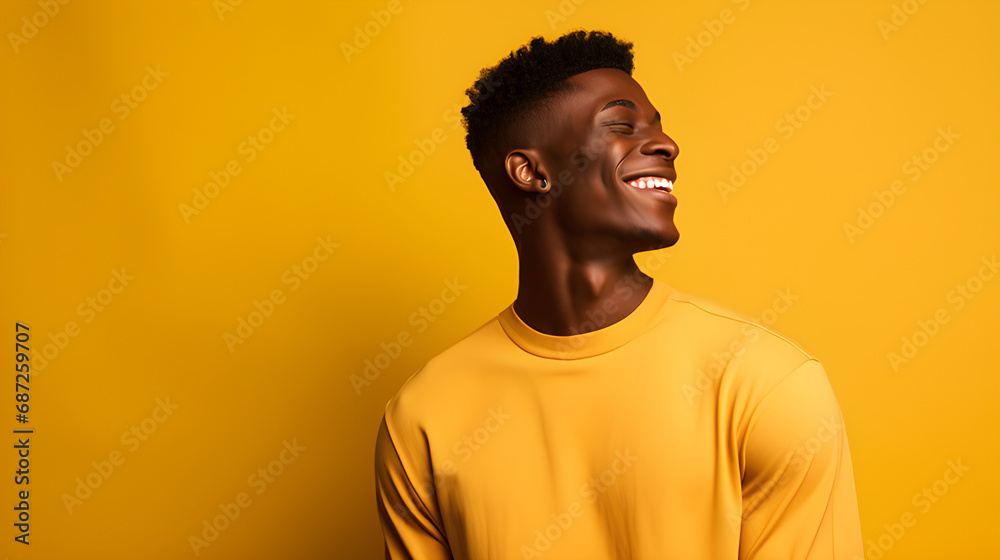 Portrait of fashionable male model, shot from the side, smiling and looking towards nose, yellow background Portrait of fashionable male model, shot from the side, smiling and looking towards nose, yellow background