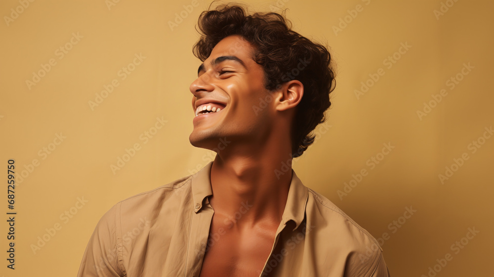Portrait of fashionable male model, shot from the side, smiling and looking towards nose, beige background Portrait of fashionable male model, shot from the side, smiling and looking towards nose, beige background