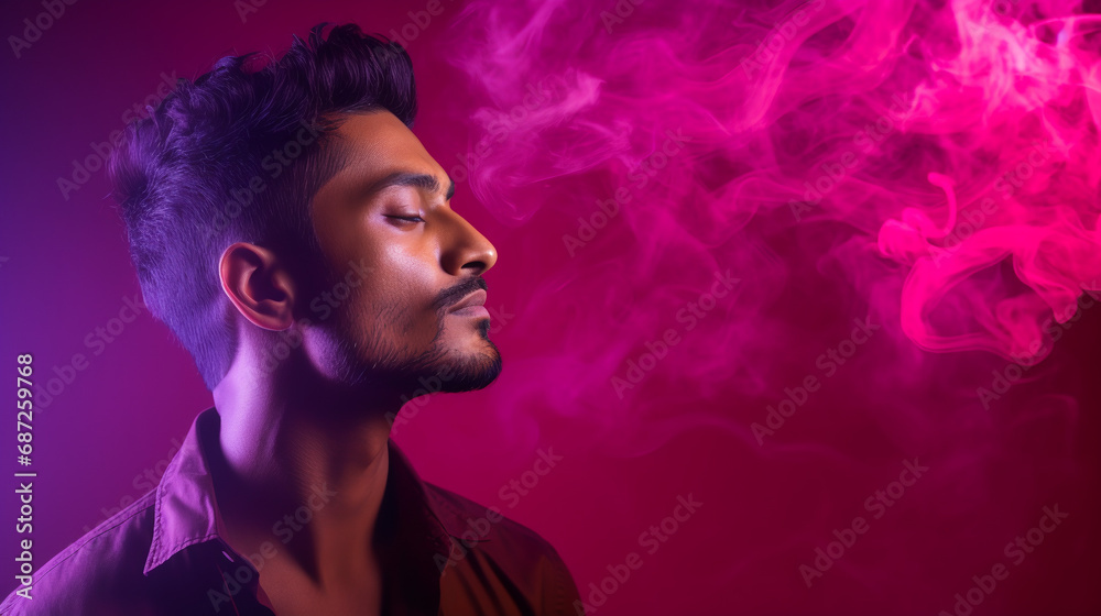 Portrait of fashionable indian male model, shot from the side, smiling and looking towards nose, vibrant color smoke background