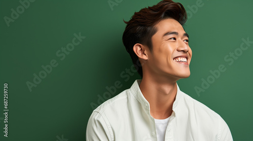 Portrait of fashionable male model  shot from the side  smiling and looking towards nose  green background
