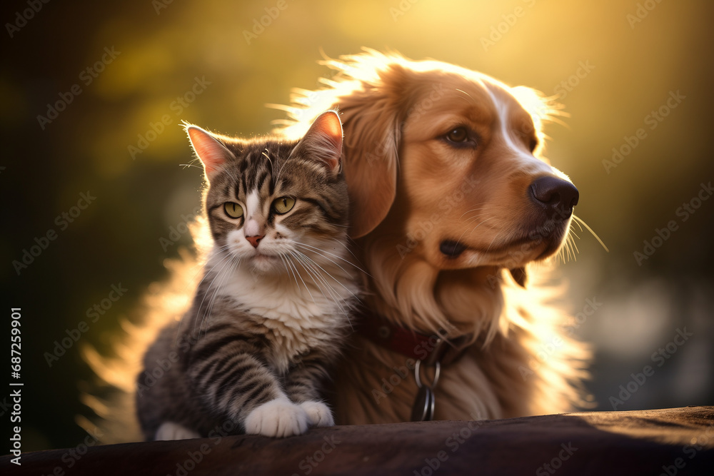 Selfie of cute cat and dog on the lawn in the park Selfie of cute cat and dog on the lawn in the park