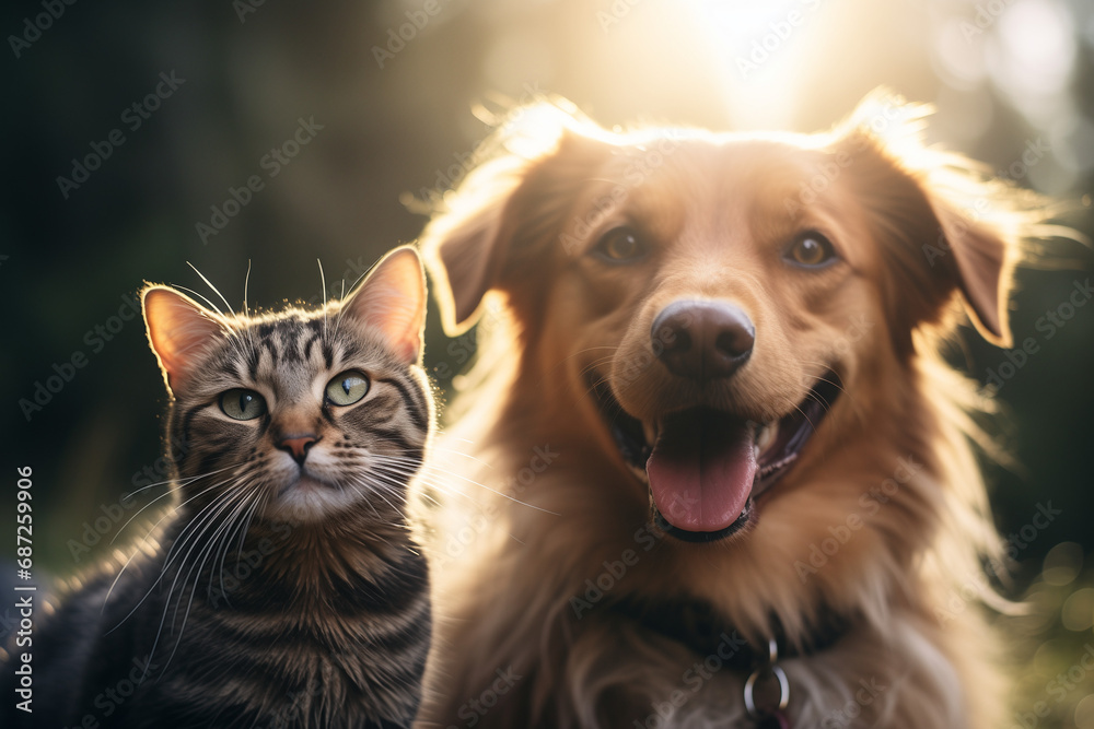 Selfie of cute cat and dog on the lawn in the park