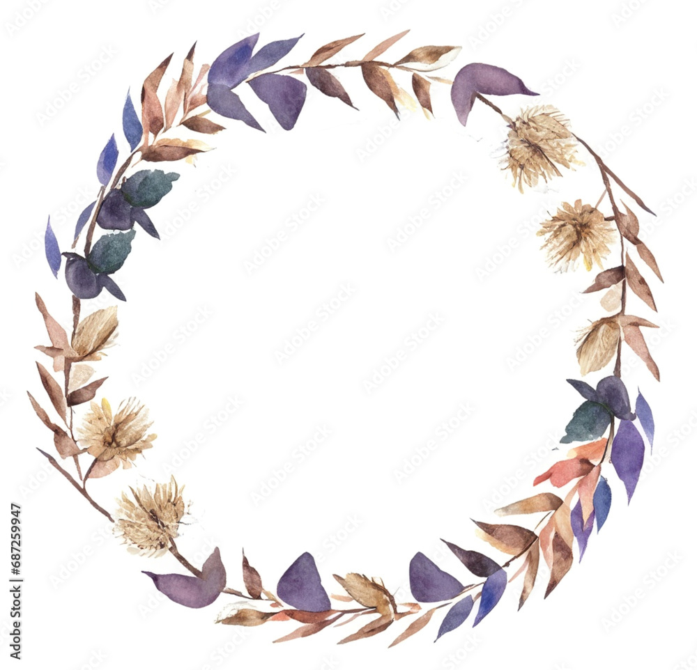Okrągła dekoracyjna ramka z suszonych liści w stylu vintage