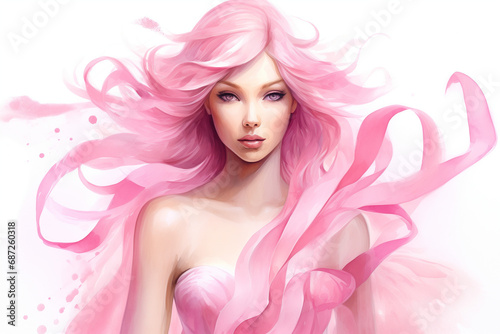 Girl with pink hair and pink ribbons, breast cancer awareness symbol, on white background.