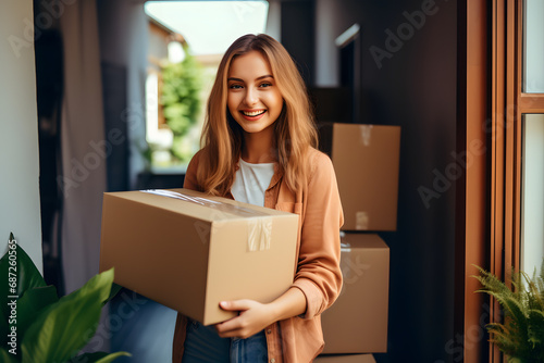 Young woman with box moving into new apartment or house