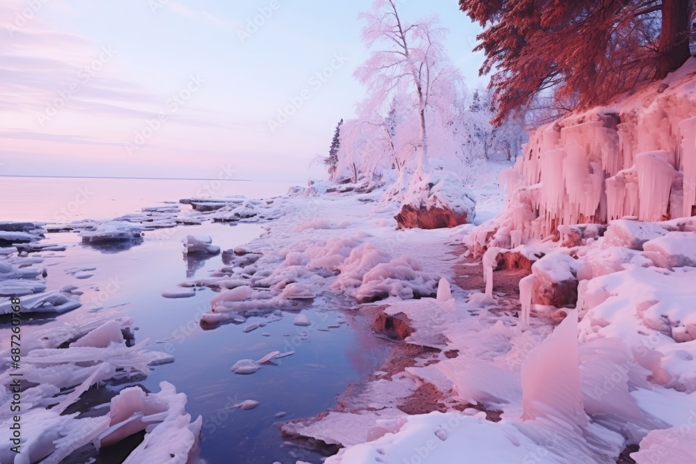 Frozen River Bank. Serene Winter Landscape with Icy Piles, Natures Captivating Formation