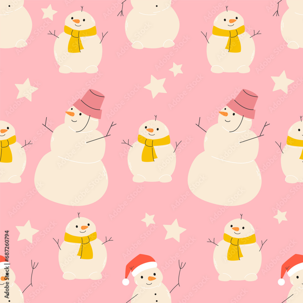 Snowman pattern. Cozy winter. Adorable  xmas seamless pattern set for background, wrapping paper, fabric, surface design. Modern Christmas repeatable motif colourful . stock vector illustration. 