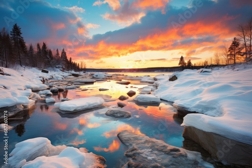 Scenic Frozen River with Spectacular Piles of Glistening Ice - Tranquil Winter Landscape © Sandris