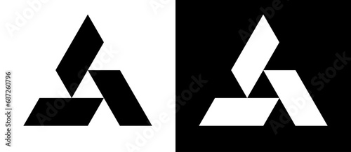 Triangle with 3 parallelograms as logo, icon or design element. Black shape on a white background and the same white shape on the black side.