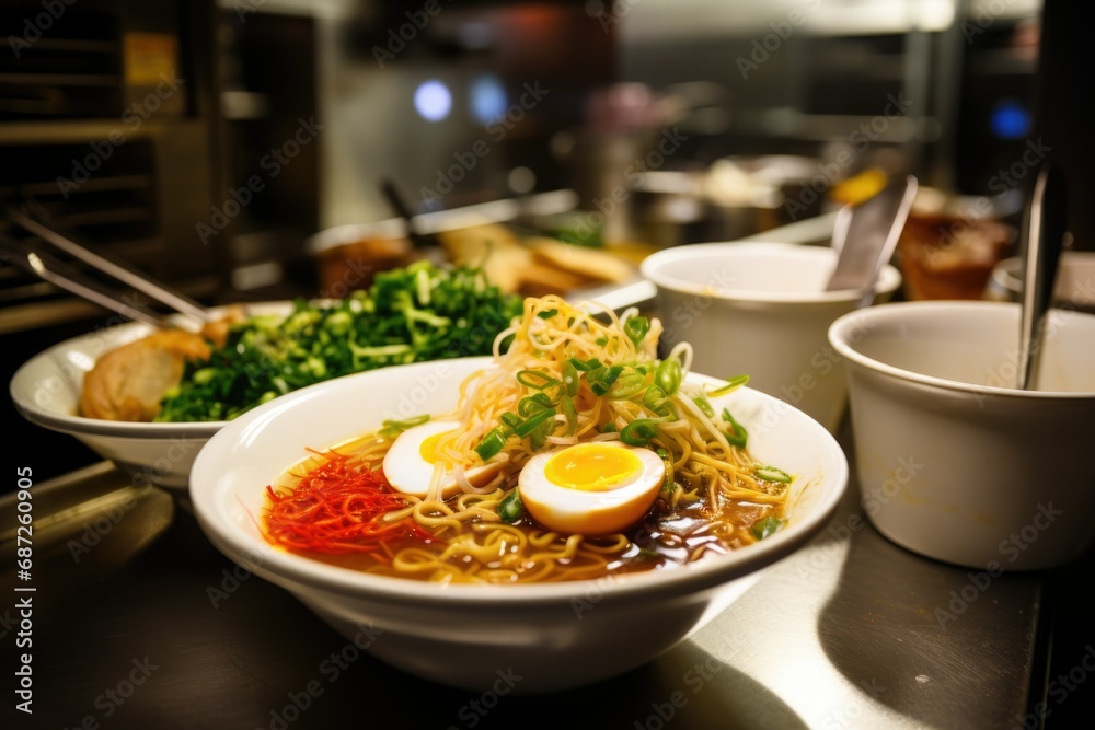 delicious beautiful bowl of ramen. Noodles with egg. Japanese dish, Chinese food. Thai street food. Asian dish. delicious beautiful bowl of ramen. Noodles with egg. Japanese dish, Chinese food. Thai street food. Asian dish.