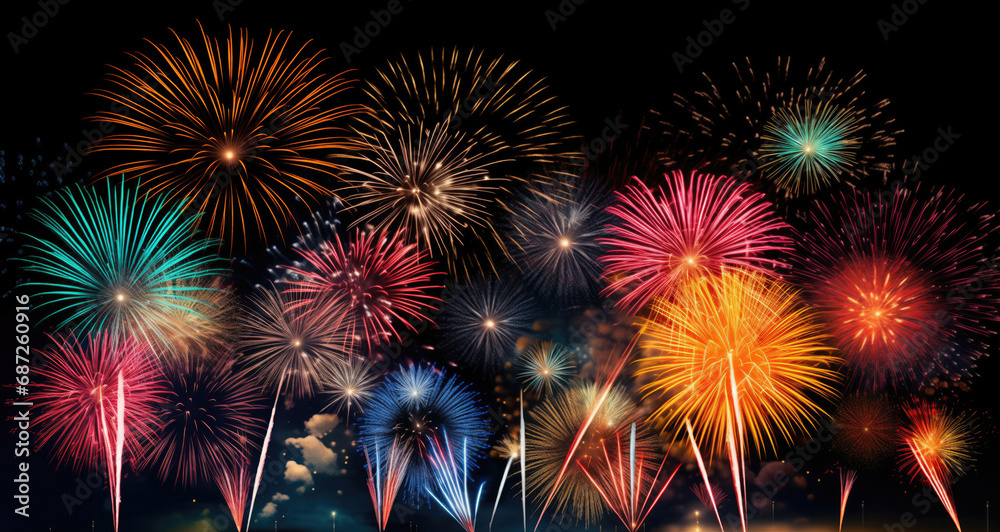 Colorful firework display on black background for celebration happy new year and merry christmas