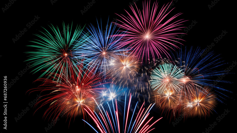 Colorful firework display on a black background. Celebration happy new year and merry christmas.
