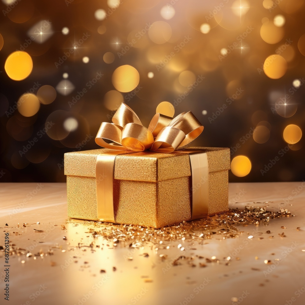 A small luxury gift box with gold color. The concept of a corporate gift or birthday party. A New Year's gift. A small luxury gift box with gold color. The concept of a corporate gift or birthday party. A New Year's gift.