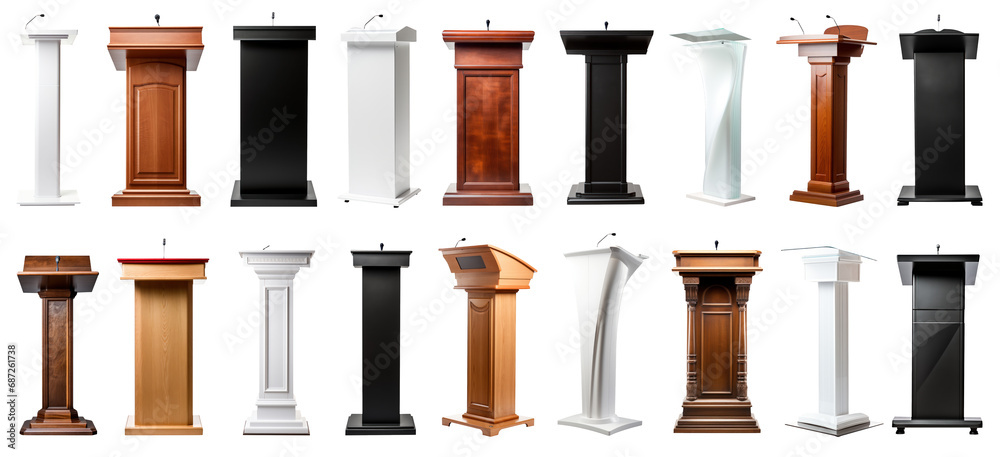 speech stand and microphone - Podium set - lectern collection - various colors, shapes and materials - isolated transparent PNG - obrazy, fototapety, plakaty 