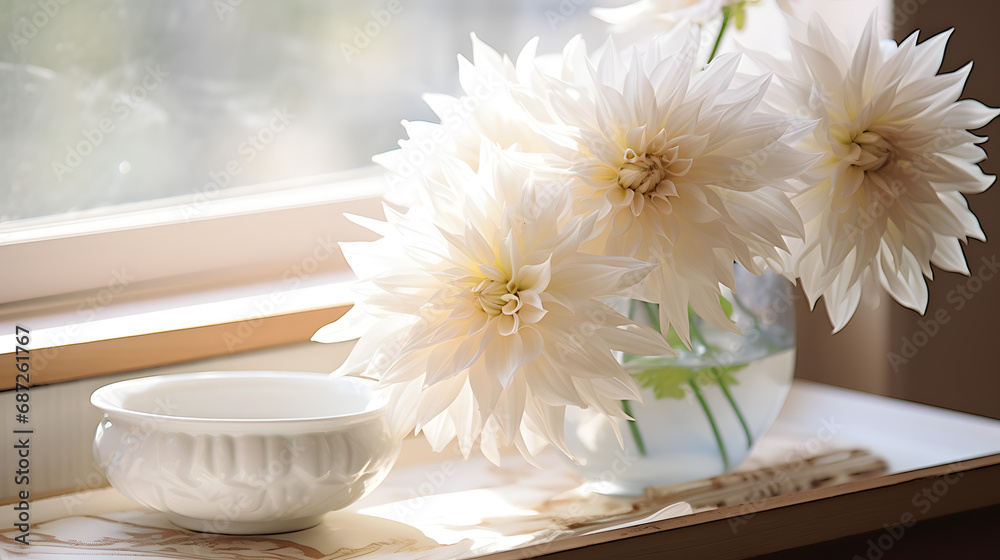 White Dahlias in Vase with Morning Light on Window Sill