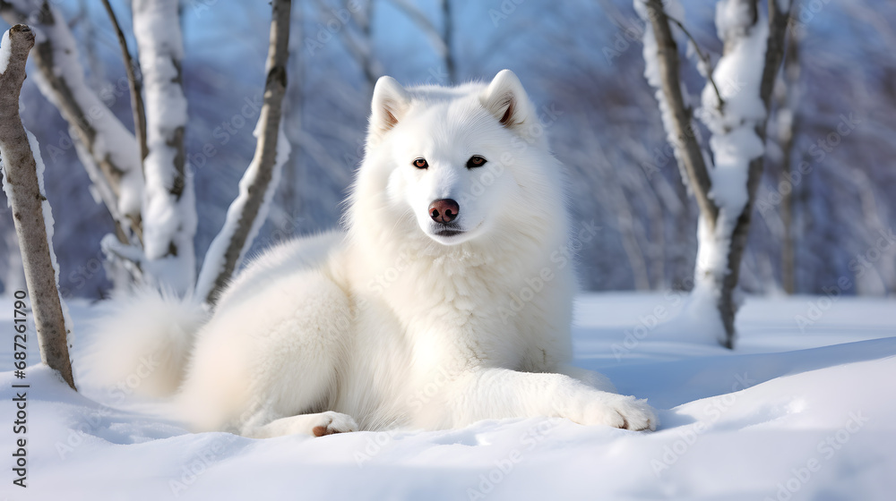 Majestic White Samoyed Dog in Snowy Landscape Majestic White Samoyed Dog in Snowy Landscape