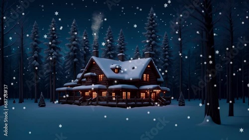 In the forest, a cabin stands nestled under a snowy night sky as gentle snowflakes fall, and smoke gracefully billows from the chimney photo