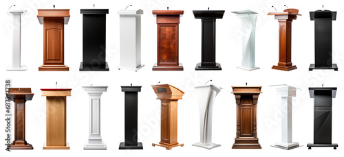 speech stand and microphone - Podium set - lectern collection - various colors, shapes and materials - isolated transparent PNG photo
