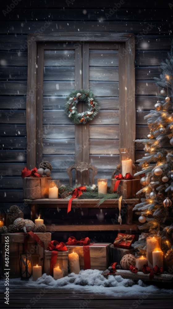 Beautiful photo zone with professional equipment and decorated Christmas tree Beautiful photo zone with professional equipment and decorated Christmas tree