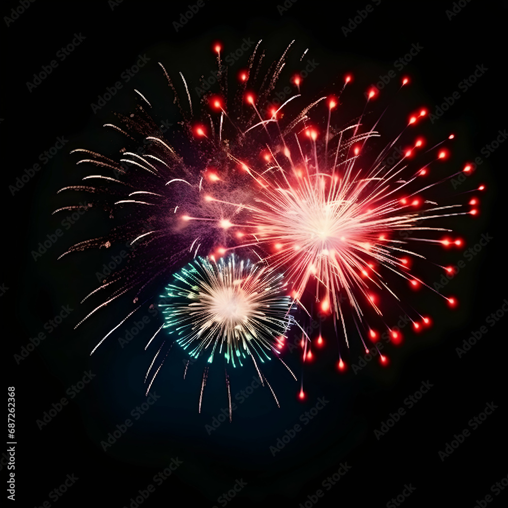 Fireworks on black background, Fireworks light up the sky, festive fireworks explode on black background, ai generated image