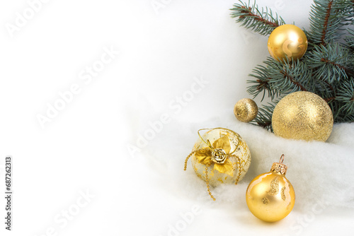 Christmas composition of fir branches and Christmas balls of viburnum on a white background isolated. photo