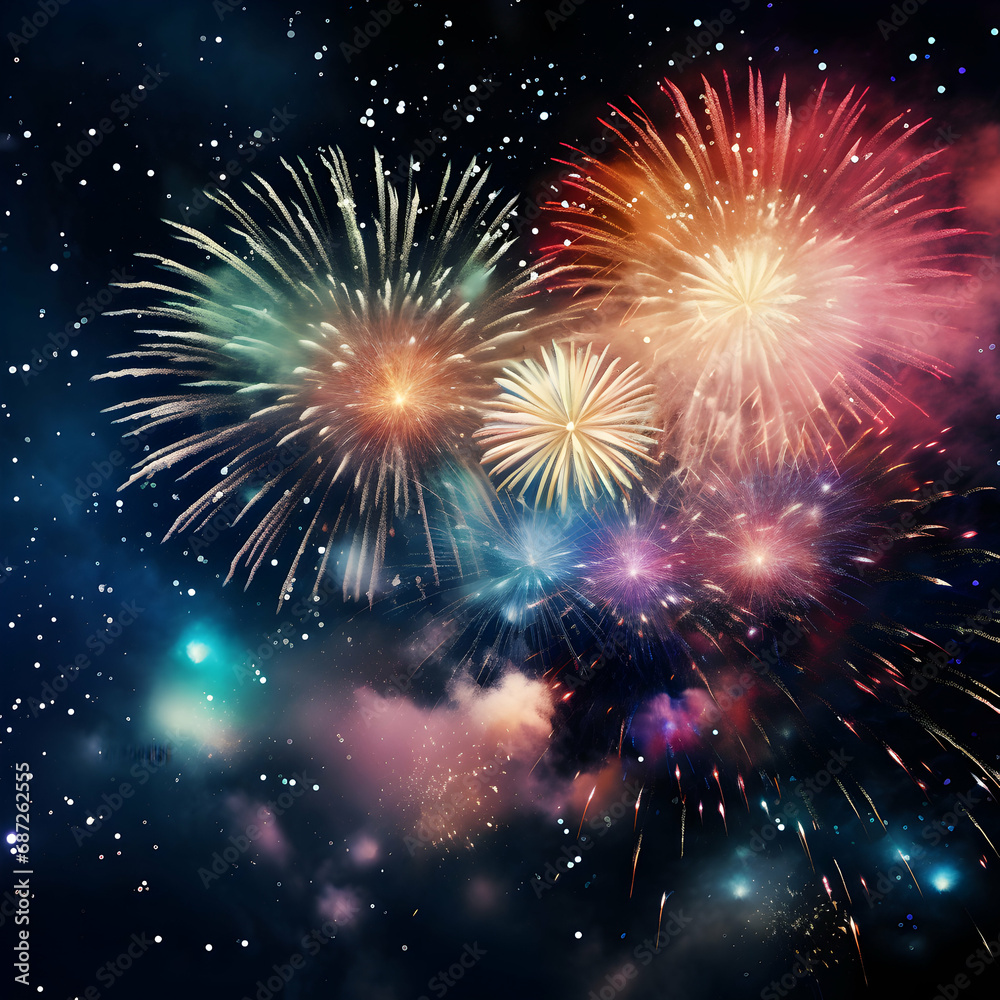 Naklejka premium Fireworks on black background, Fireworks light up the sky, festive fireworks explode on black background, ai generated image