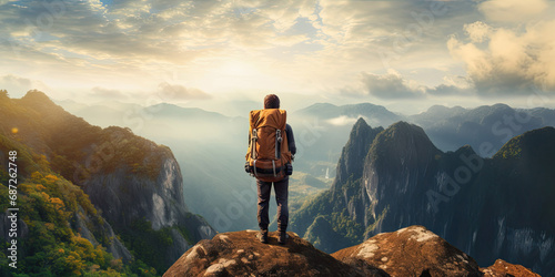 Cliffside Wanderer - Traveler with Backpack Gazes from Majestic Heights - Adventure Awaits & Panoramic Wonder