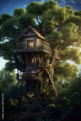 House on the tree in the summer forest. Childhood © Mykhaylo