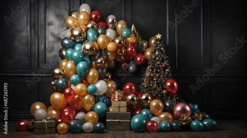 photo zone balloons Area for celebrating Christmas tree decorated with garlands and ball