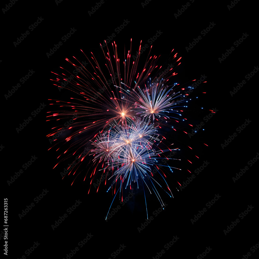 Fireworks on black background, Fireworks light up the sky, festive fireworks explode on black background, ai generated image