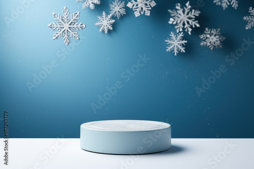 Iridescent Azure Blue Background with Delicate Snowflake Patterns and a Minimalist Podium for Chic New Year Mockup Showcase  © AI Petr Images