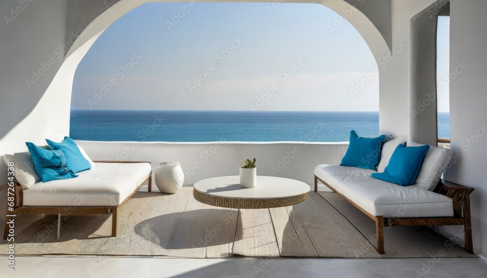 minimalist greek resort by the sea indoor outdoor space with lounging furniture with cushions and throw