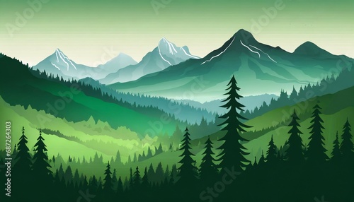 landscape forest mountains nature adventure travel background panorama illustration of dark green silhouette of valley view of forest fir trees and mountains peak generative ai