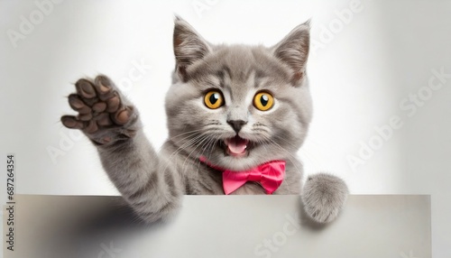 happy cat peeks out from behind a banner and waving his paw on white background © Alicia